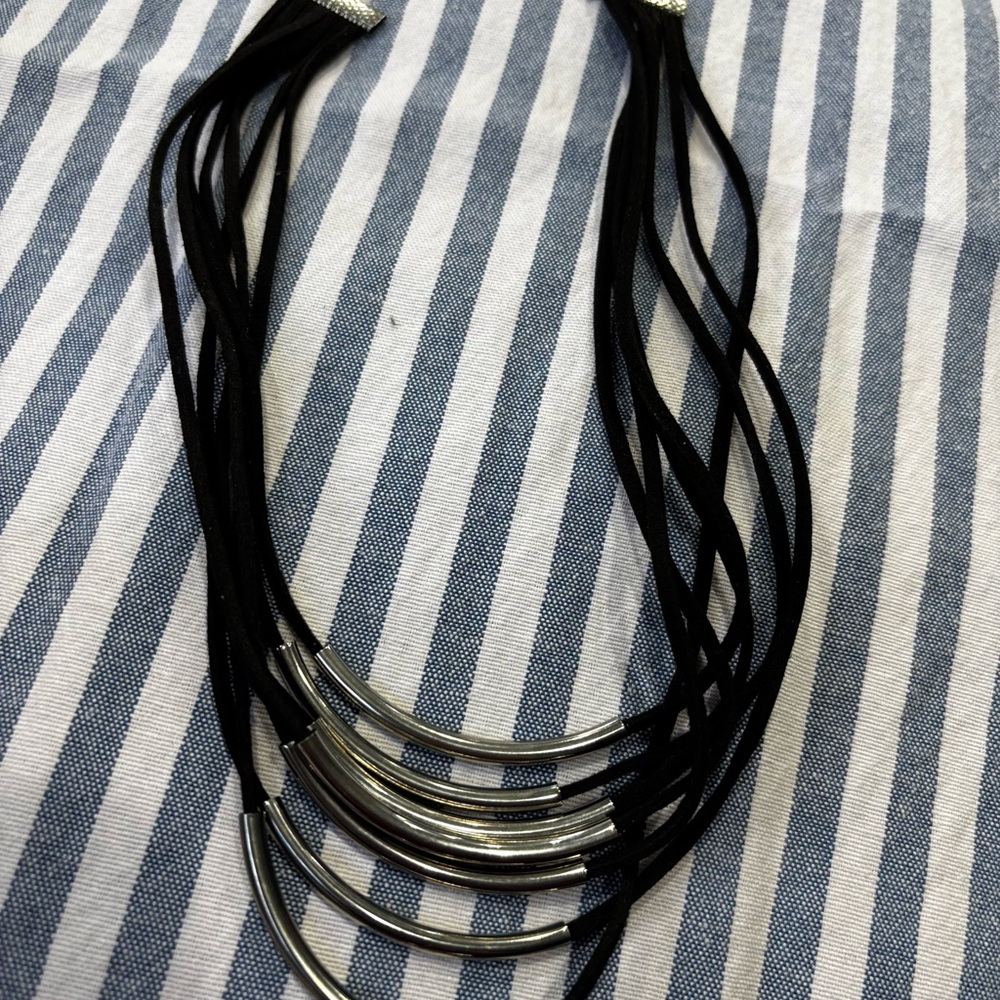 Statement Multi Strand Black Cord Silver Tube Nec… - image 4